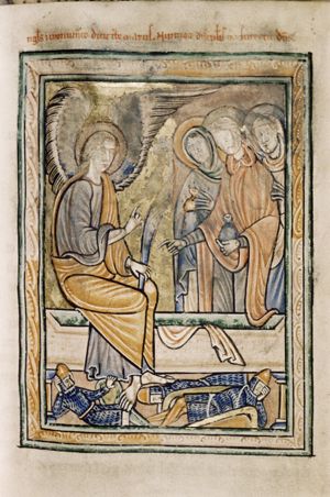the angel, holding a palm-branch in his left, makes a speaking gesture, addresses the holy women, the foremost of whom points downward, holding an ointment-jar in her left hand; the second holds an ointment-jar in her covered right; the third one touches the arm of the first, from behind; sleeping soldiers in front of the sarcophagus which rests on columns; the shroud lying in the sarcophagus.