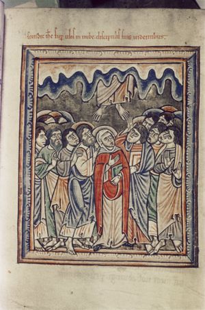 Christ is almost vanished: only his feet are visible; Mary standing amidst the apostles, all looking upwards, holding a book with her left and with her right hand in front of her chest; the apostles making various gestures: one is pointing upward(?) with his right hand in front of his chest, another holds a book and raises his hand with the palm in front view; a third one holds his hands in front of his body, with palms in front view.