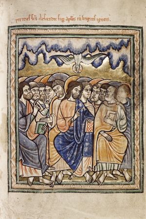 the Holy Ghost descends from upon the apostles, three of whom are holding a book; two are making a gesture of speech with their right hand forward.
