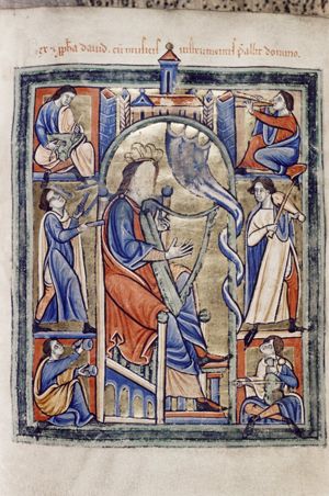 David as psalmist, playing the harp; four musicians in separate frames: one playing a double flute, two with a fiddle, one with a psaltery; two jugglers in separate frames; architectural setting; a curtain, twisited around a column.