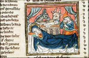 The Nativity: the Christ-child in the manger, Mary lies in bed, St. Joseph sleeps