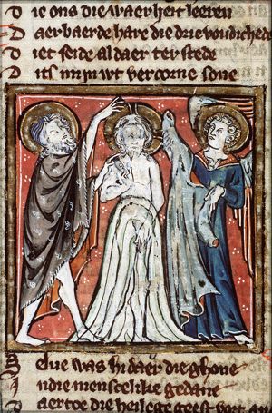 The baptism of Christ by St. John the Baptist, an angel holds Christ's robe
