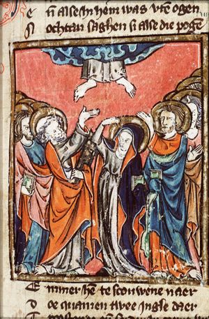 The Ascension: Christ ascends into heaven above Mary and the apostles