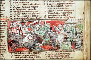 Lucius dressed as king; Walewein killing a Roman soldier