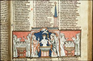 Clovis, king of the Franks, and his subjects are baptized by St. Remigius (Rémi) of Rheims
