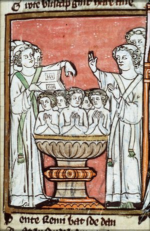 Clovis, king of the Franks, and his subjects are baptized by St. Remigius (Rémi) of Rheims