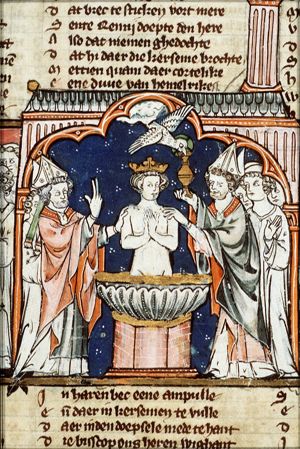 Clovis, king of the Franks, and his subjects are baptized by St. Remigius (Rémi) of Rheims