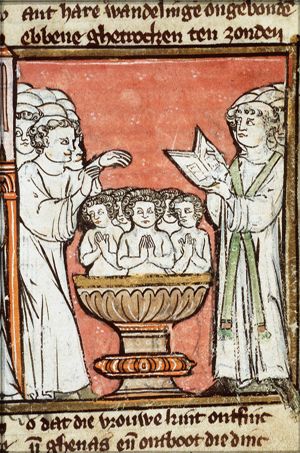 Clovis, king of the Franks, and his subjects are baptized by St. Remigius (Rémi) of Rheims