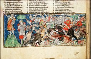 Roland blows his horn; a Saracen is tied to a tree