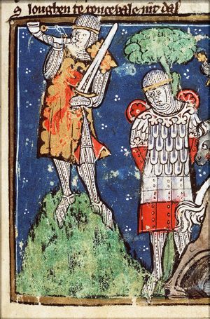 Roland blows his horn; a Saracen is tied to a tree