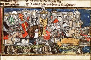 Charlemagne, Turpin and Christian knights forming Roland's funeral cortège