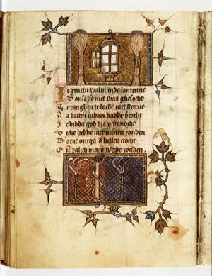 Instruments of the Passion: lantern and two torches