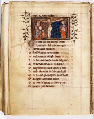The Crucifixion, with Mary and St. John, and Longinus piercing Christ's side with a lance