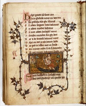 St. Christopher carries the Christ-child, a hermit guiding him with a lamp
