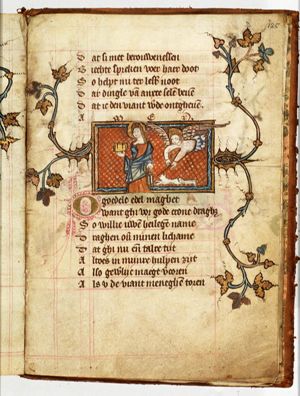 A demon blows out the lantern of St. Gudula, who is also holding a book; an angel relights the lantern