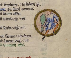 Aquarius: man with his left hand on his hip, pouring water from a jar held upside down with his right hand downward.