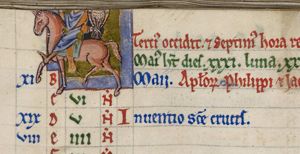 a horseman with a hunting bird on his left hand, holding his left hand forward, pointing(?) (damaged).
