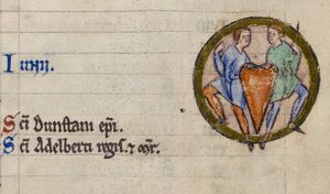 Gemini: two men holding a shield, which rests on the ground, with their hand in front of them and one of them holds a spear with his left hand raised.