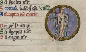 Virgo; woman standing with her left hand on her hip and her right hand downward, holding a flower.
