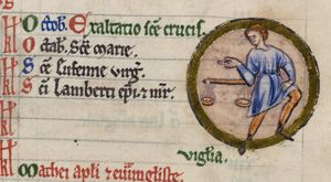 Libra: a man standing with his left hand on his thigh, his right hand sideways, holding a pair of scales.