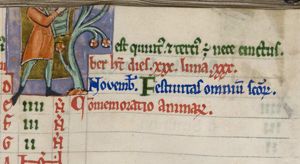 a man standing under a tree, holding a bucket in front of him, (cutting fruits with a sickle?; this part damaged).
