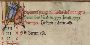 a man raising his axe(? damaged) to slaughter a pig.