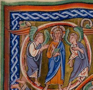 the Creator as beardless Christ 'Logos', holding a book in his left and making a blessing gesture with his right hand in front of his chest, seen in front view, between two angels: the one on his right is stretching both arms forward with the palms of the hands turned towards each other, the other stretches one hand downwards with the palm of his hand in front view and holds the other hand in front of his chest.