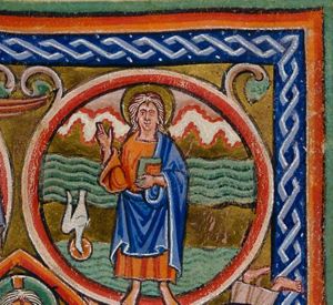 the Creator as beardless Christ 'Logos', seen in front view and holding a book, makes a blessing gesture with his right hand raised; the spirit of God, as a dove, descends upon the waters.