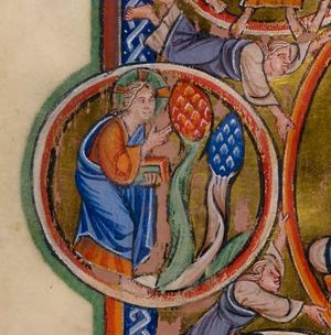 the Creator as beardless Christ 'Logos', holding a book in his left hand and making a blessing(?) gesture with the right hand forward with the palm turned up, towards two trees.