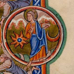 the Creator as beardless Christ 'Logos', holding a book in his left and making a blessing gesture with his right hand in front of his chest, stands in between the sun and the moon.