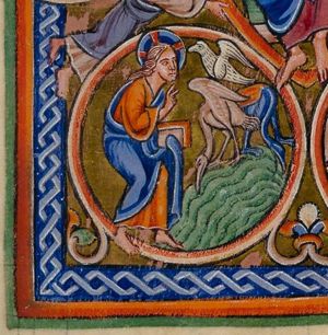 the Creator as beardless Christ 'Logos', holding a book in a covered hand, makes a blessing gesture with his right hand forward, towards a few birds.