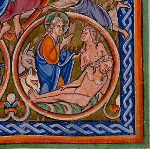 the Creator as beardless Christ 'Logos', making a blessing gesture with his right hand forward, and touches Eve's shoulder with his left, making her emerge from Adam's body; Adam sleeping on his side with his head resting in his hand; two animals behind the Creator.
