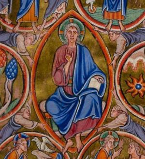 God rests on the seventh day: the Creator as beardless Christ 'Logos' in a `Majestas'-variant holding an open book with his left and making a blessing gesture with his right hand in front of his chest, enthroned in a mandorla held by four flying angels.