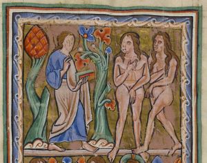 the Creator as beardless Christ 'Logos' holding a book in his left, and making a speaking gesture with his right hand forward; Adam holding his right hand in front of his chest, covering his nakedness with his left; Eve with both hands in front of her body, the right directed to her left, her left directed to the right; two trees.