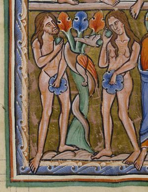 Eve, standing to the right of the tree, holds the fruit in her right hand, bent to her head, and covers herself with a leaf, which she holds in her left; Adam, to the left of the tree, also brings a fruit with his right hand to his face, and covers himself with a leaf with his left; the serpent offers a fruit to Eve.