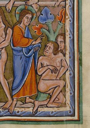 the Creator as beardless Christ 'Logos' making a speaking gesture with his right hand forward; Eve kneeling on one knee and turning her head back to her right, looking up at him; Adam, also looking up at him, kneeling; a tree.