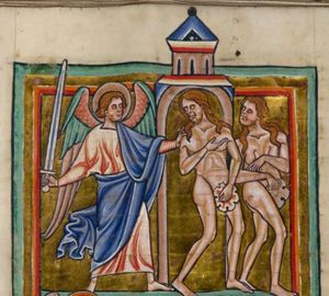holding his right hand with the sword backwards, the angel pushes against the shoulder of Adam who is turning his head back to his right, holding his right hand in front of his chest with the palm turned up, pointing(?) at Eve, and covering himself with a leaf; Eve is also covering herself with a leaf and turning her head to her right; gate of paradise.