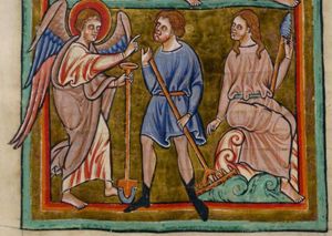 an angel holding a spade in his left and making a speaking gesture with his right hand stretched forward; Adam holds a rake, and Eve holds a spindle and turns her head back to her right, looking at the angel.