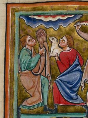 Abel, to the right, offers a lamb; Cain a sheaf of corn which he holds with one hand covered; both are looking upwards and falling to their knees.