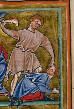 Cain holds his right hand backwards with a jaw-bone with his left he seizes Abel by his hair; Abel who is on his knees, his hands against each other, turning his head back to his right.