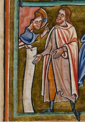 God appears from heaven, holding a scroll in his left hand and making a commanding gesture with his right hand forward; Noah stretches both arms downwards with palms turned towards each other.