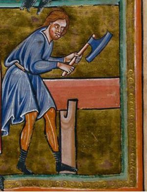 Noah bending forward, holding an adze with both hands forward; the ark as a ship under construction in front of him.