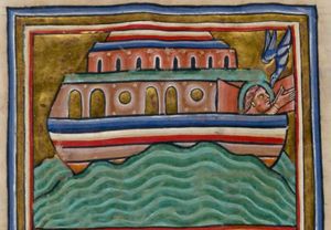 the dove returns to Noah, who stretches his hands towards the bird, from an open door in the ark.