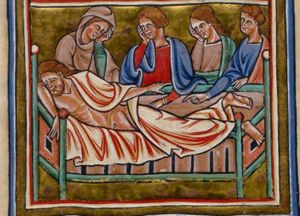 Noah, partially naked, lying asleep in his bed with his face downwards, his head resting on his arm; his wife and his sons Shem and Japheth stand at his bed-side with their head resting against their hand; Ham, also at the bed -side, points mockingly at his father with his right hand forward.