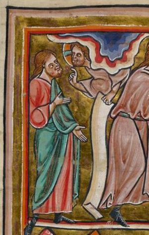 God appears from heaven, holding a scroll in his left and making a commanding gesture with his right to Abraham, who stretches his left hand downwards with the palm in front view, holding the left in front of his chest.