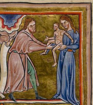 Abraham stretches both hands forward, holding a knife in his right hand, with which he circumcises Ishmael, held up to him with both hands forward, by Hagar.