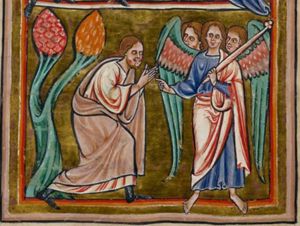 Abraham, holding his arms forward with the palms toward each other, kneels before the Trinity - an angel with three heads, seen in front view, holding a palm branch in the left and holding the right hand sidewards in a commanding(?) gesture; a tree behind Abraham.