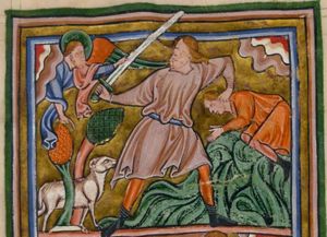 Abraham holds Isaac, who is kneeling with his hands against each other, by the neck with his left and stretches his right hand, with a sword, backwards; he turns his head back to his right, looking at a flying angel appearing from heaven, seizing the sword and pointing down at a ram caught in a thicket.