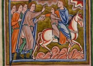 an Ishmaelite on horseback turning his head back to his right and stretching his right hand back, giving pieces of silver to the foremost of Joseph's brothers, who stretches his right hand forward in a gesture of speech, receiving the coins in his left; Joseph sits behind the Ishmaelite on the horse, with both hands stretched forward around his waist, turning his head back to his right, looking at his brothers.