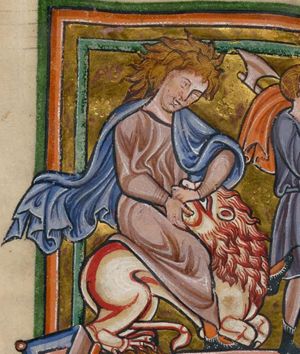 Samson, with long, tousled hair, sits on the lion and pulls its head back by the jaws.